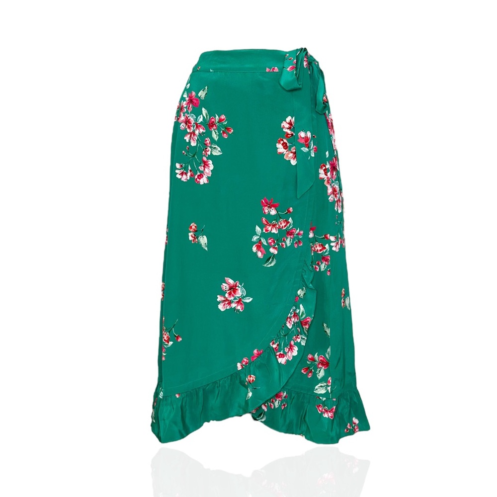 SÉZANE Adriana Wrap Silk Skirt, Green Bouquet, FR38
